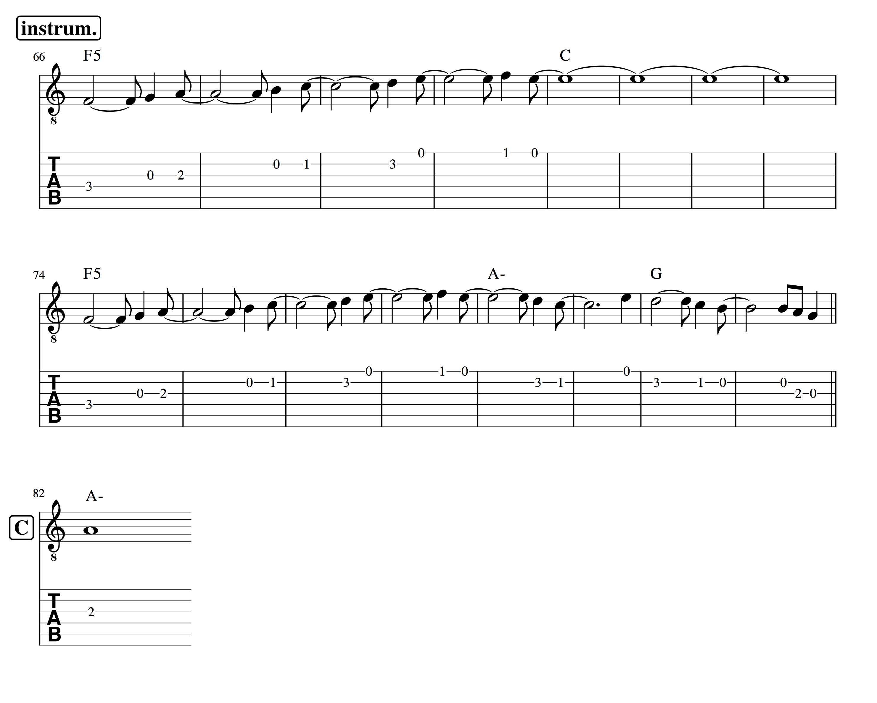 Partitura y tablatura para guitarra de la parte instrumental de Entre la espada y la pared de Fito y Fitipaldis